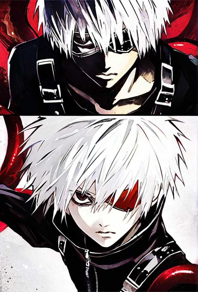 ```
ken kaneki, Tokyo Ghoul, white hair, black outfit, eyepatch, half-ghoul, serious expression, red kakugan eye, kagune tentacles, detailed face, high quality、Overall view、Uplifting、Cold-like sensation、Acrobatic

```