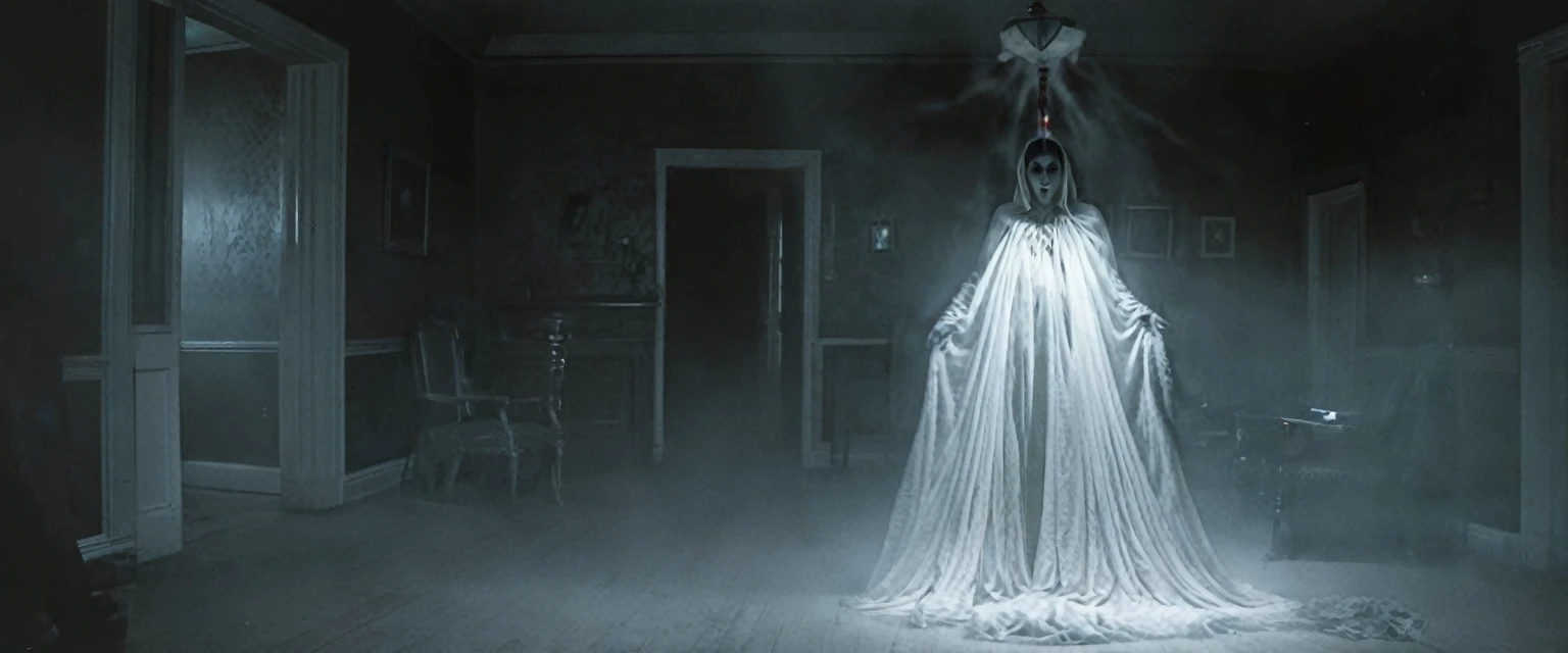 A very beautiful Dutch Woman ghost photo, capturing the essence of the flying head of a woman with a bloodied spine with her heart, lungs and intestines hanging from her neck. He hovered eerily through the living room in the middle of the night, casting cold shadows on the floor. The dark and gloomy atmosphere is emphasized by the dim lights, the atmosphere is foggy. The image gives off a gothic and supernatural vibe that is both captivating and unsettling. (masterpiece, ultra detailed, ultra focus, highly quality, 8k)