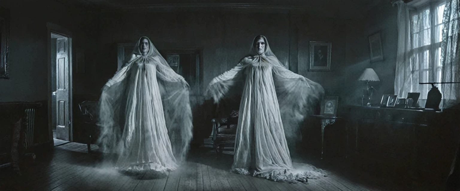 A very beautiful Dutch Woman ghost photo, capturing the essence of the flying head of a woman with a bloodied spine with her heart, lungs and intestines hanging from her neck. He hovered eerily through the living room in the middle of the night, casting cold shadows on the floor. The dark and gloomy atmosphere is emphasized by the dim lights, the atmosphere is foggy. The image gives off a gothic and supernatural vibe that is both captivating and unsettling. (masterpiece, ultra detailed, ultra focus, highly quality, 8k)