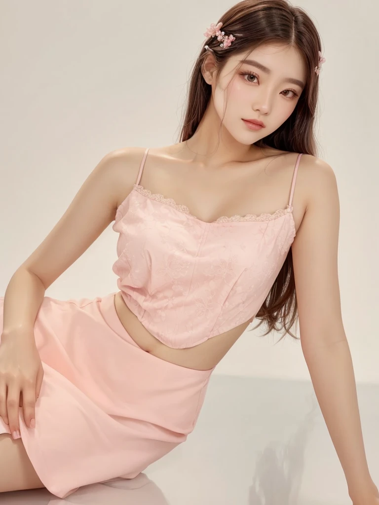 a close up of a woman in a rosa dress sitting on a floor, rosa, with soft rosa colors, shaxi, rosa pastel, jia, corsé elegante, camisola lenceria seductora, pastel rosa, satín, top elegante, camisola seductora, rosa clothes, RecortarTop, seda, top corto, inspirado en Sim Sa-jeong, femenino en lindos tonos pastel