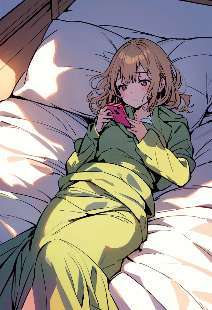 Girl sitting on the bed wrapped in the sheet while using her cell phone with an exhausted face
