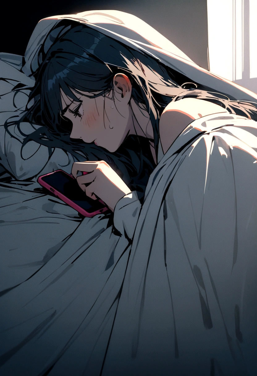 Girl sitting on the bed wrapped in the sheet while using her cell phone with an exhausted face