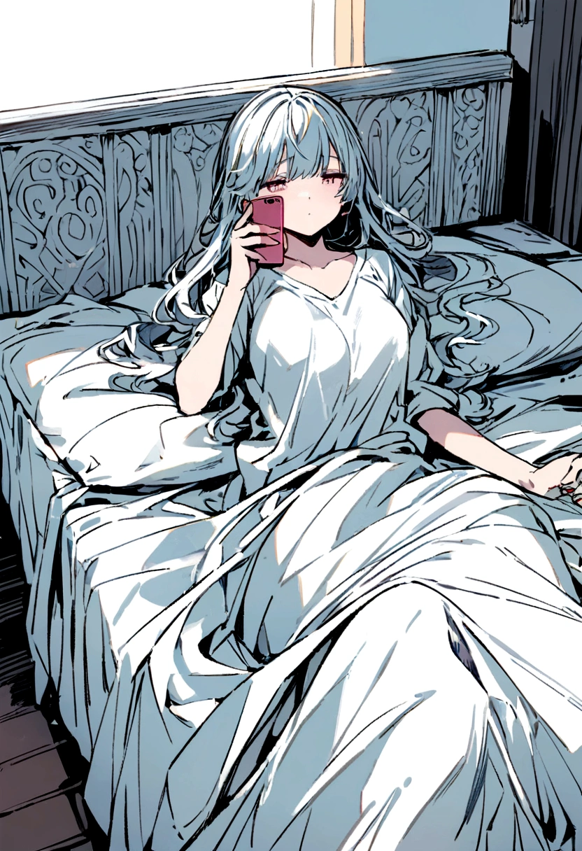 Girl sitting on the bed wrapped in the sheet while using her cell phone with an exhausted face