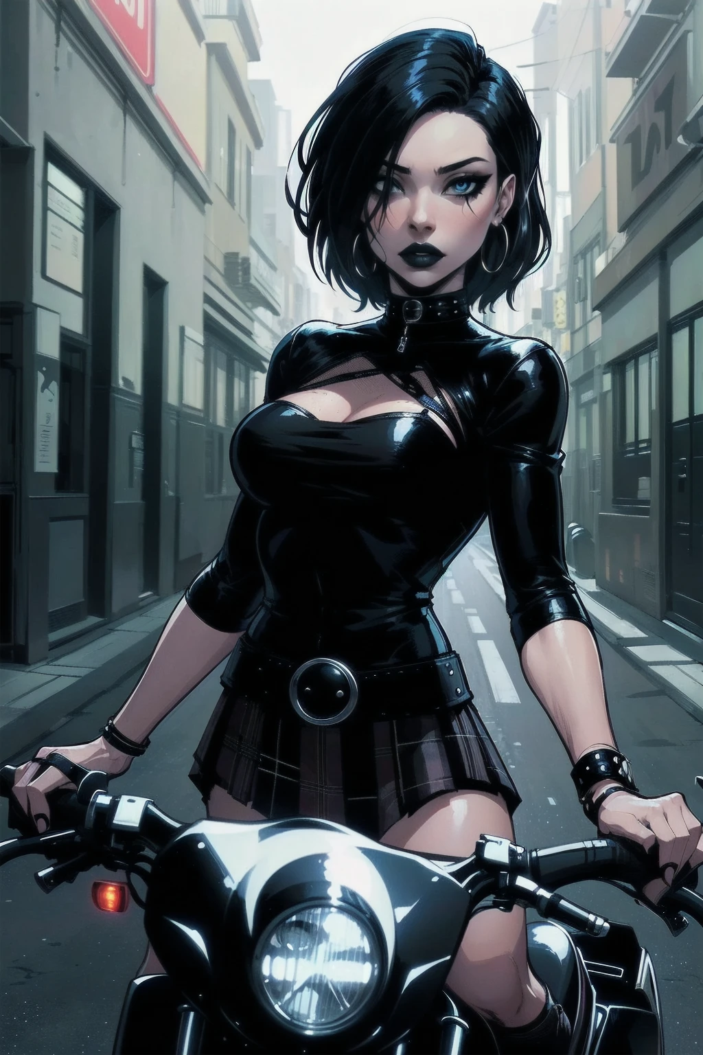 a woman with medium black hair, hair on shoulders, wearing plaid skirt, black jacket, blue eyes, gothic art, cute aesthetic with vibe, toon aesthetic, wearing gothic accessories, look like Cassie Hack, upper body, driving on the motocicle, tokio street background, dinamic poses
