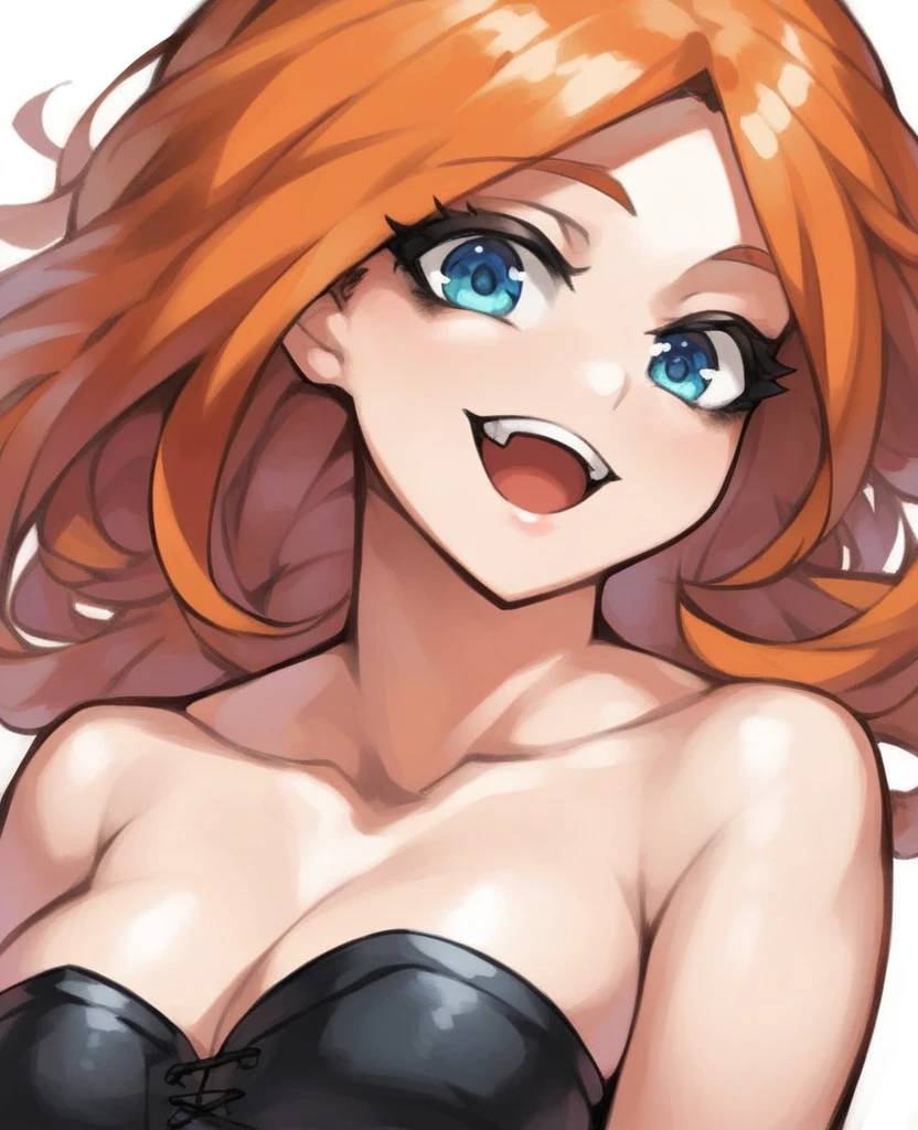 bl_oom, 1girl, ginger hair, blue eyes, looking at viewer, smiling, open mouth, black makeup, black corset, strapless, medium Breasts, naked shoulders, simple background, portrait, head to stomach shot, (extreme detail 2.0), score_9, score_8_up, score_7_up,