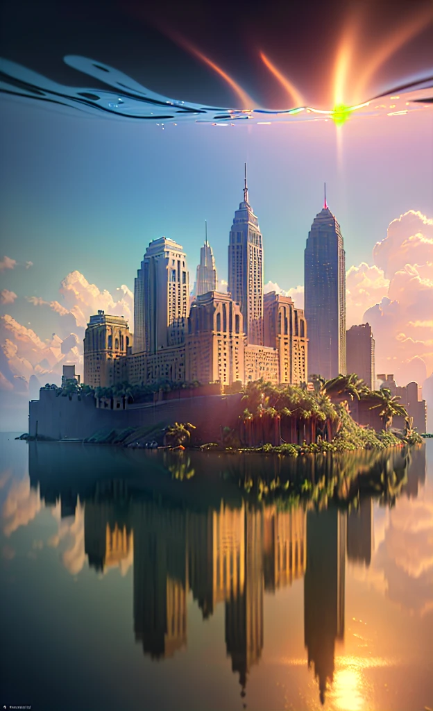 (8K, RAW Photos, Highest quality, masterpiece:1.2), (Realistic, photo-Realistic:1.37), Octane Rendering, Ultra-high resolution, Super detailed, Professional Lighting, Photon Mapping, Radio City, Physically Based Rendering, UE5, ((Island Sanctuary)), ((Ancient lost kingdom)), ((Reflection on the surface of the water)), ((Ray Tracing)), ((Submerged City))