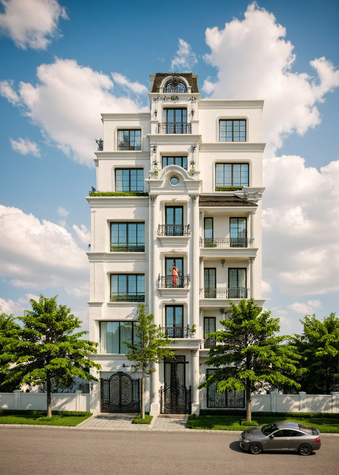 Raw photo,Masterpiece, high quality, best quality, authentic, super detail,
exterior, outdoors, house style neoclassic on the street ,aiaigroup, car, motobike, girl, human,
road,pavement, grass, trees, sky, cloud, (day:1.1)