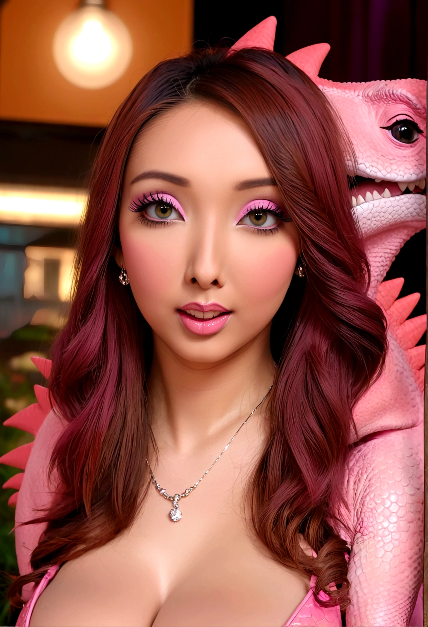 a cute woman in a sexy pink dinosaur costume,playful dancing on stage at a ladyboy bar in bangkok,beautiful detailed eyes,beautiful detailed lips,extremely detailed eyes and face,long eyelashes,highly detailed,realistic,photorealistic,masterpiece,8k,vivid colors,fantasy,surreal,dramatic lighting
