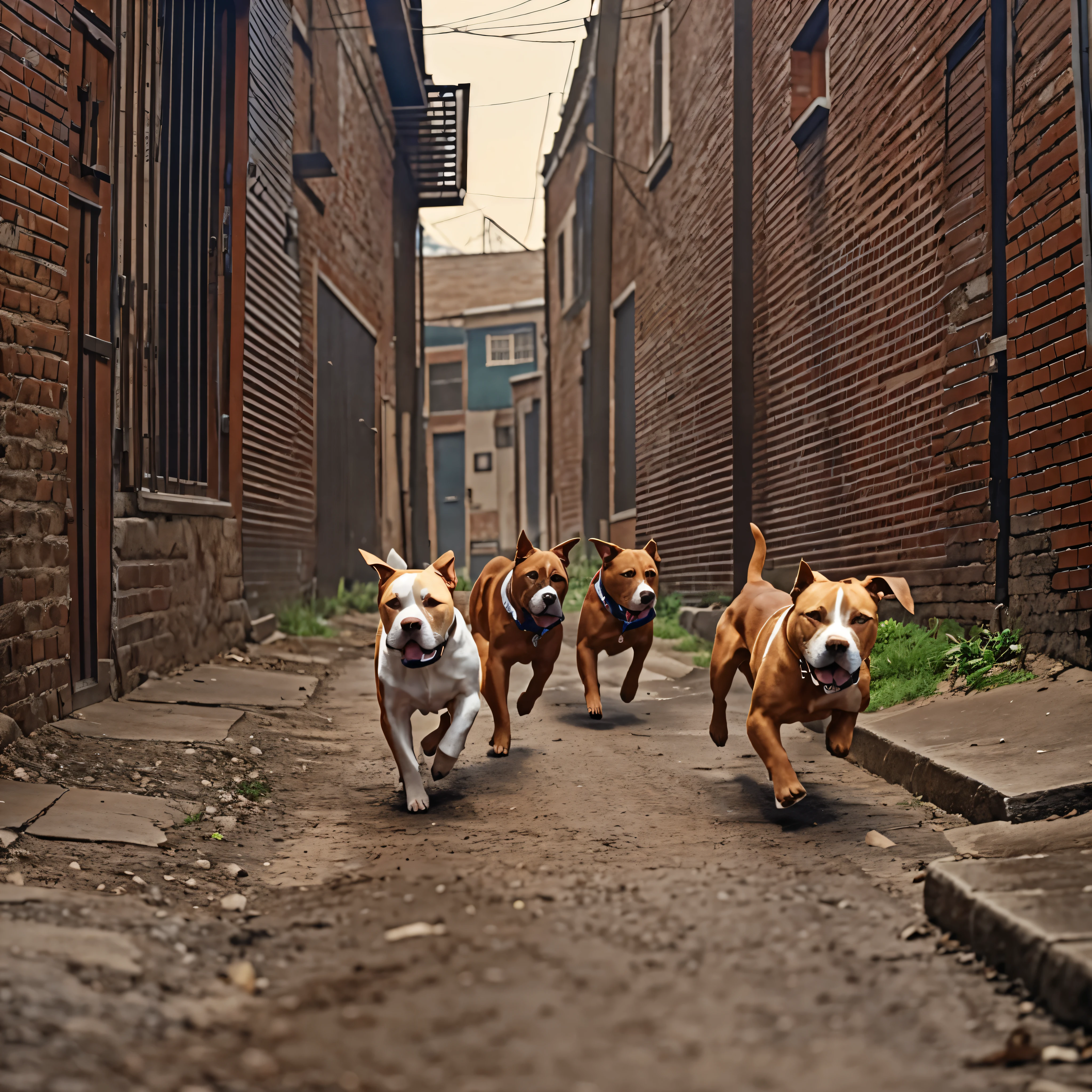 1970s, barking "pitbull terriers" running down a back alley, cinematic action, atmospheric perspective, depth of field, textured skin, super detail,