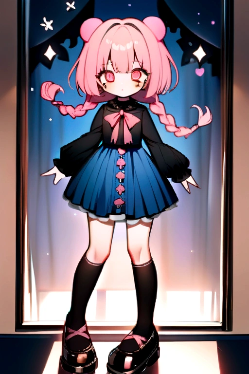 Highest quality, masterpiece,Strange Eyes,hair,青いhair,Long braids,Pink Ribbon,Black blouse,Blue Skirt,ta Fashion,Knee-high socks,Thick sole,whole body,Character Portrait,Pink decoration,teddy bear