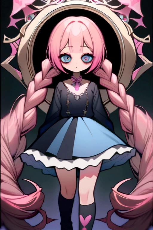 Highest quality, masterpiece,Strange Eyes,hair,青いhair,Long braids,Pink Ribbon,Black blouse,Blue Skirt,ta Fashion,Knee-high socks,Thick sole,whole body,Character Portrait,Pink decoration,teddy bear