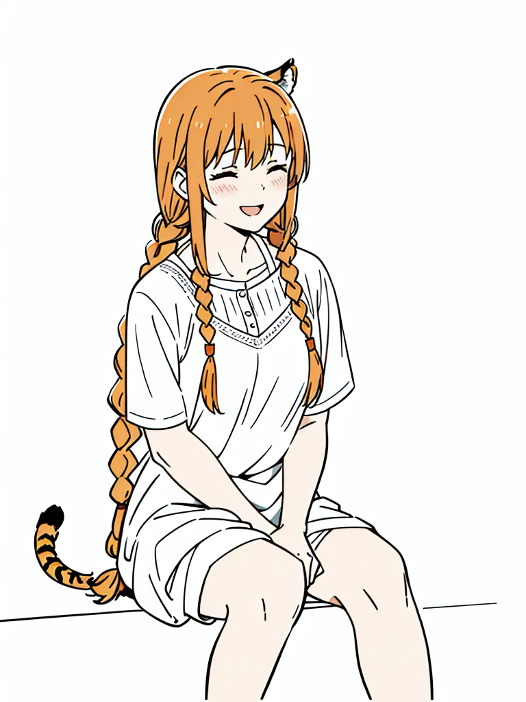 1girl,20 years old,mature female,solo,tiger ears,long hair,casual outfit,(twin braids),orange hair,(white background,line drawing),sitting,blush,open mouth,smile,closed eyes,drunked,portrait