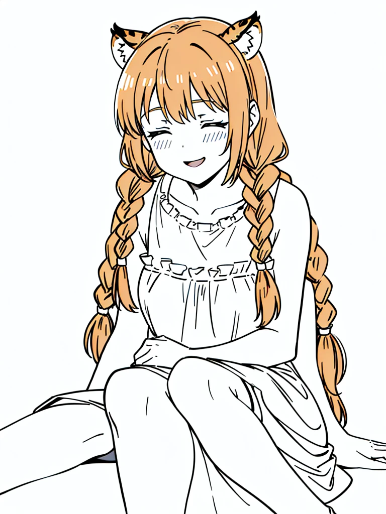 1girl,20 years old,mature female,solo,tiger ears,long hair,(twin braids),orange hair,(white background,line drawing),sitting,blush,open mouth,smile,closed eyes,drunked,portrait