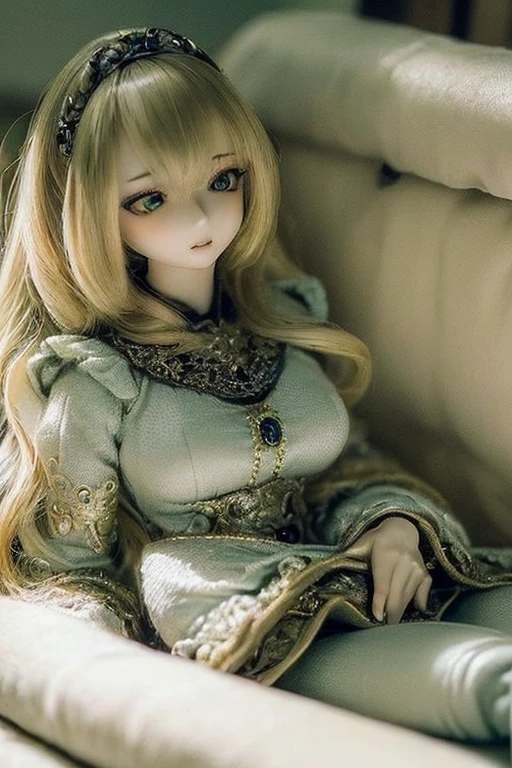 photorealistic, realistic photo, ((highest quality)), ((masterpiece)), (extremely detailed), kukolnydom, doll, (mature woman:1.7), solo, sitting on sofa, green eyes, (reclining on sofa, looking away, blank eyes, empty eyes, detailed eyes:1.3), (light smile), dress, museum, 8k