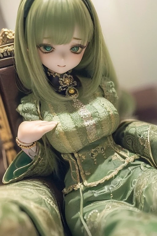 photorealistic, realistic photo, ((highest quality)), ((masterpiece)), (extremely detailed), kukolnydom, doll, (mature woman:1.7), solo, sitting on sofa, green eyes, (reclining on sofa, looking away, blank eyes, empty eyes, detailed eyes:1.3), (light smile), dress, museum, 8k