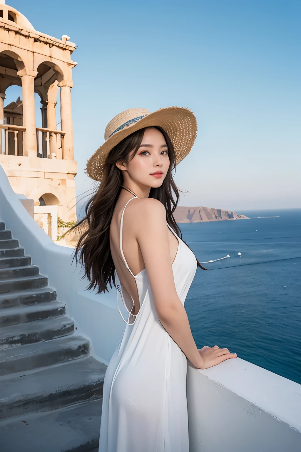 The photo of beautiful woman , highest quality、8K、Perfect Face、Perfect Style、perfect body、model、Sunburn、beautiful lady、mature、Swept-back hair, sexy 、charming、healthy、smile、Generate an image of a woman standing on a picturesque staircase overlooking the sea in Santorini, Greece. She is wearing a white onepiece and straw hat 、white dress that complements the iconic blue-domed churches and whitewashed buildings around her. The woman has long, flowing hair and is gazing out towards the horizon, capturing the serene beauty of the Aegean Sea. The sun is setting, casting a warm, golden glow over the scene, enhancing the romantic and tranquil atmosphere. The background includes the famous blue-domed church, white stone buildings, and the vast, calm sea stretching out into the distance.
