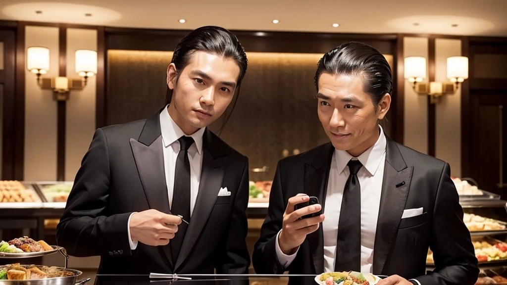 A man with his bangs down and a man with his hair slicked back are taking a photo together, Japanese, Black suit, Luxury hotel buffet