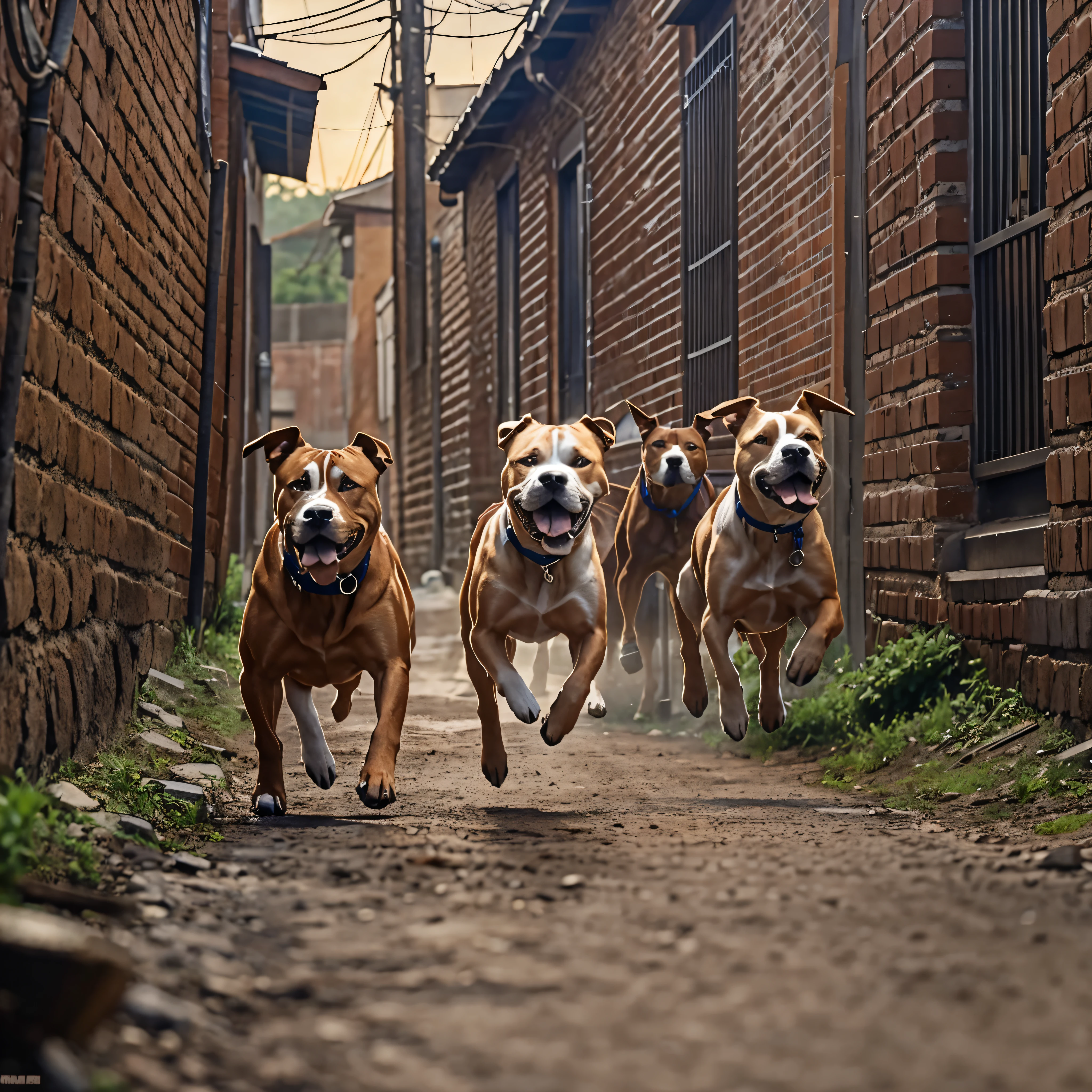 1970s, barking "pitbull terriers" running down a back alley, cinematic action, atmospheric perspective, depth of field, textured skin, super detail,
