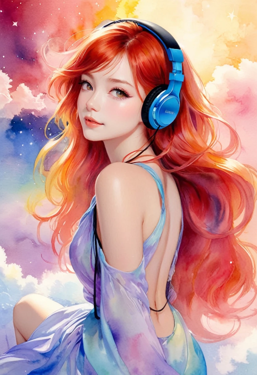 (highest quality）、（masterpiece：1.2）、（colorful：0.9）、（color scattering）、（watercolor painting)、sharp focuodel shot, High resolution, ) ((highest quality)), (Super detailed), (beautiful), alone, beautiful face、(Detailed cute redhead woman sitting on a fluffy cloud, nude, in the night sky with twinkling stars and a beautiful glowing moon, listening to music with headphones on and happily closing her eyes:1.3)、(Colorful long shiny messy hair:1.2),colorful eyes,dramatic、pastel colour