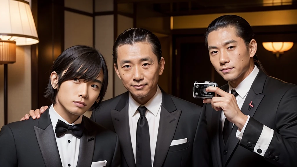A man with his bangs down and a man with his hair slicked back are taking a photo together, Japanese, Black suit, Luxury hotel buffet