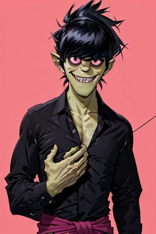 murdocgrllz, black hair, grin, black button down shirt, collarbone, chest, waist shot, portrait shot, hands on waist, perfect hands,masterpiece,best quality, ultra high res, bright pink background