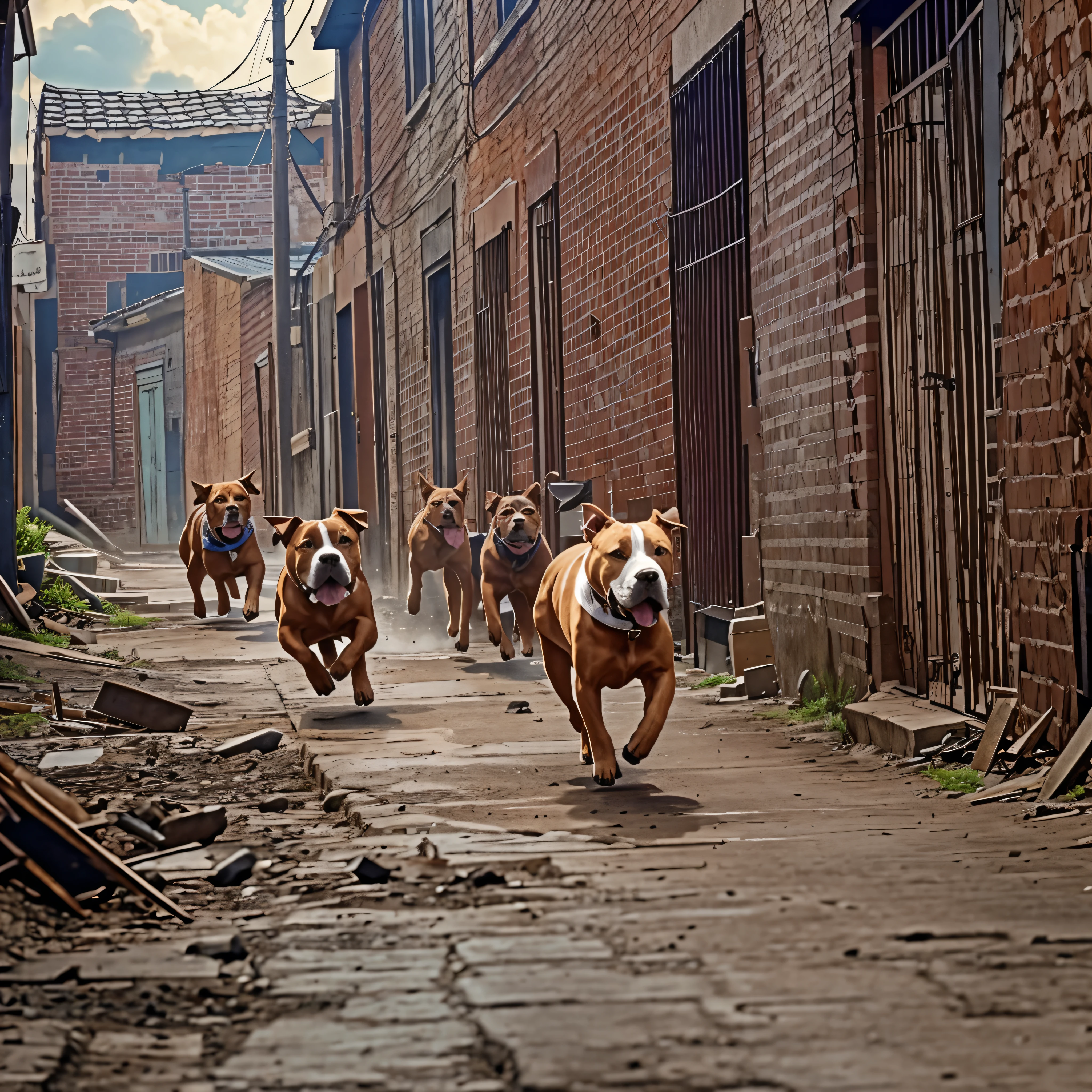 1970s, barking "pitbull terriers" running down a back alley, cinematic action, atmospheric perspective, depth of field, textured skin, super detail,