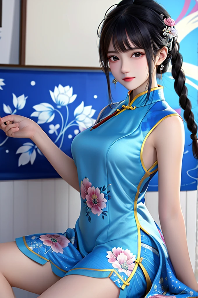 masterpiece,best quality, 1 girl, qinghua, front view, cheongsam, blue floral background, 