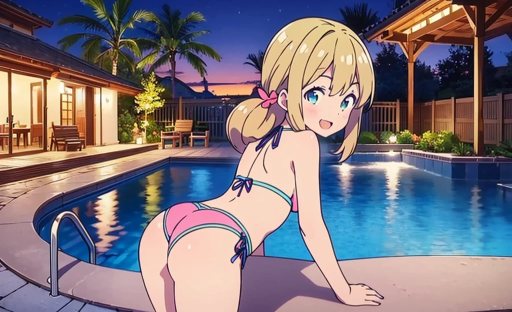 Masterpiece, Best Quality, extremely detailed, cheered up, girl,night pool,high waist bikini,SMILE,:d,action,(small breasts),ass focus nsfw