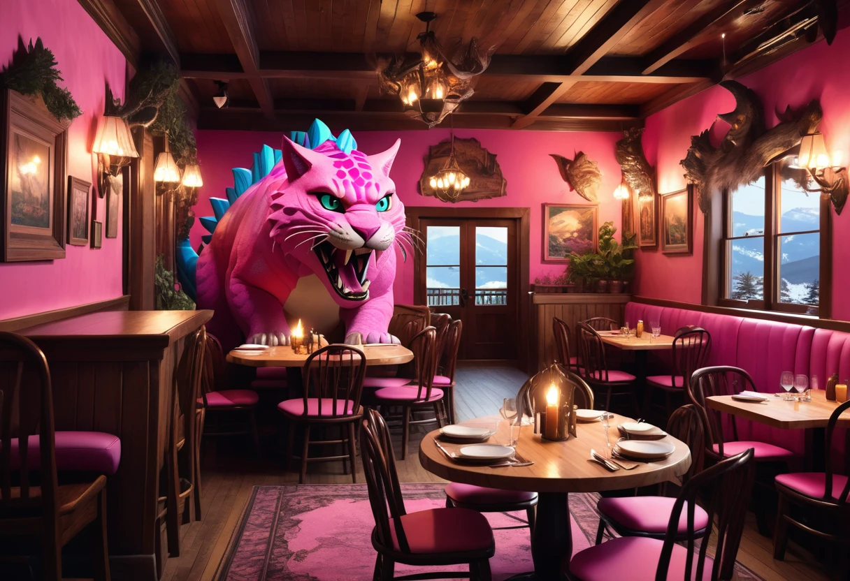 Giant Wildcat, Western restaurant run by the owner in the mountains,Pink dinosaur goes on a rampage, Intricate details, Stunning paintings, Very detailed, Realistic, 8K, Highest quality, Dramatic lighting, Gloomy atmosphere, Warm tones, Cozy interior, Wooden furniture, Glowing Fireplace, Delicate texture, Glamorous decoration, Mysterious, Whimsical, Fantasy