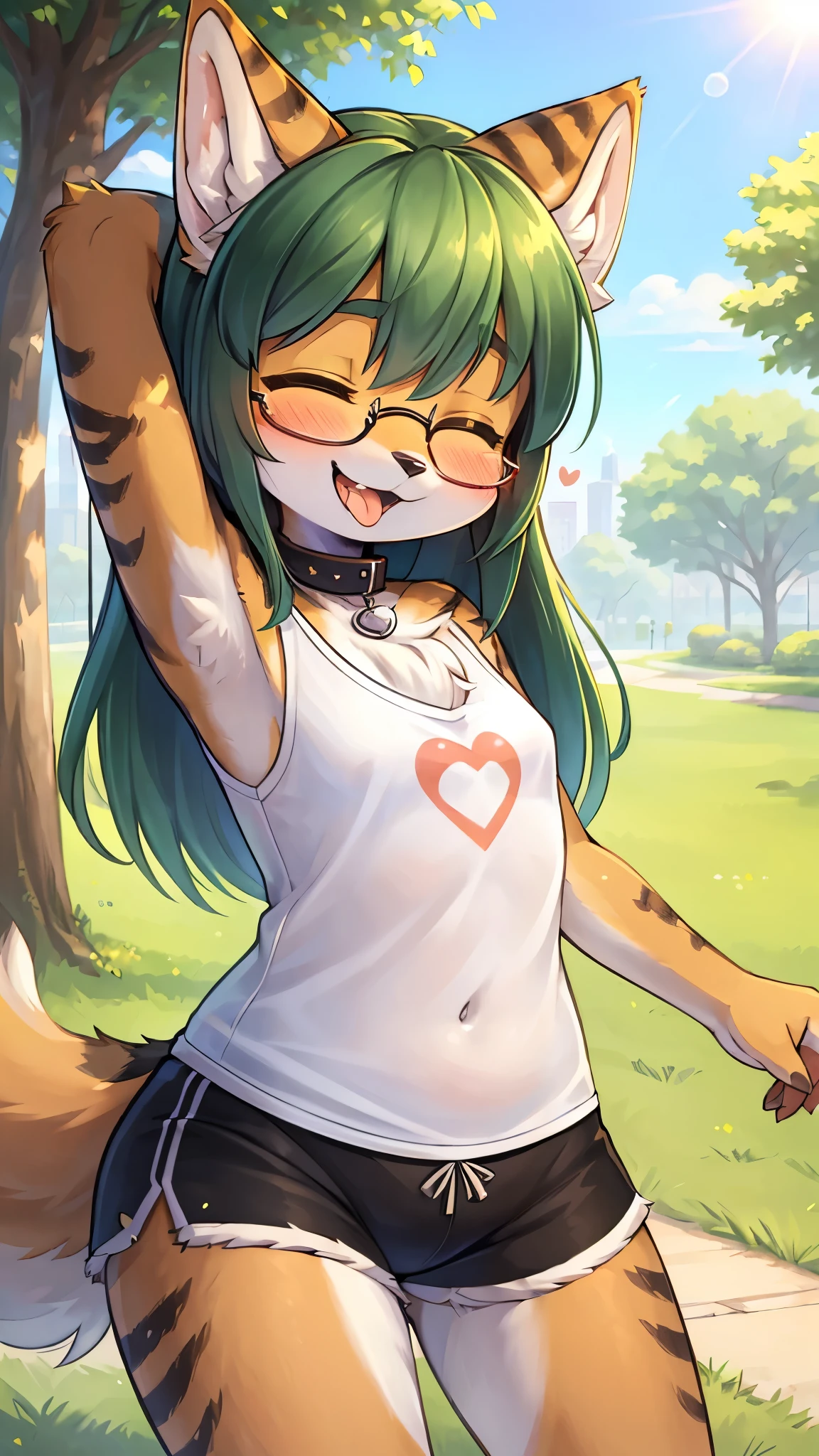 best quality,best resolution,(fluffy anthro furry :1.6),(young :1.8),cat girl,small breasts,dark green hair,long hair,yellow eyes,glistering eyes,sparkle eyes,brown fur,(white camisole),black shorts,glasses,heart collar,stand,public park,sunbeam,full face blush,looking at viewer,(heart expression eyes),(heart eyes),passionated face,smile,open mouth,one eye closed,tongue,armpit