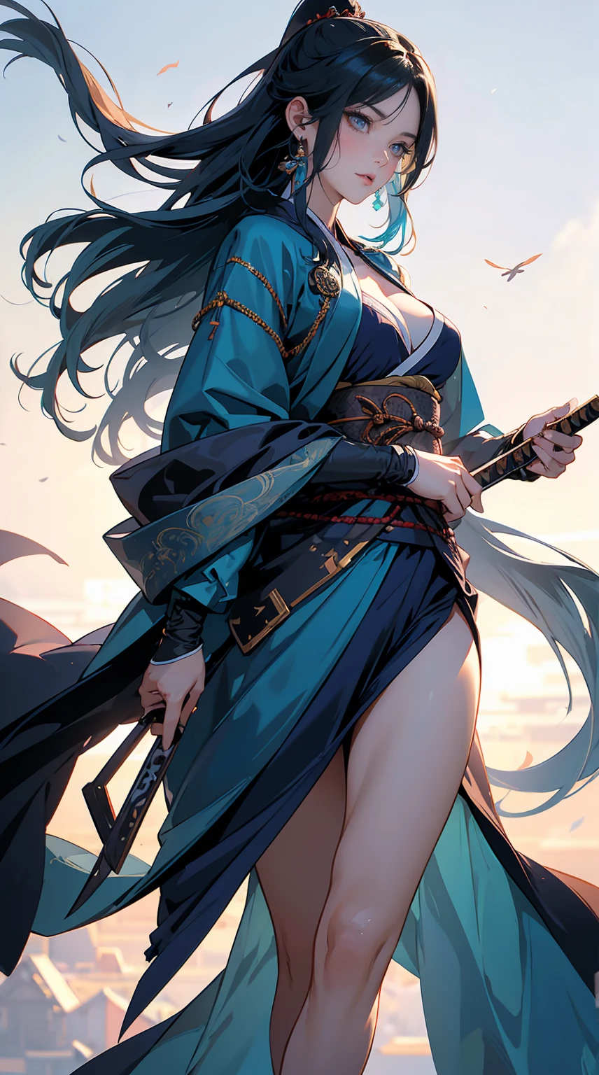Highest quality、masterpiece、8K、Realistic、超High resolution、Very delicate and beautiful、High resolution、Fantasy、Muscle Girl、Perfect female body、Neutral women、Blue Hair、Toned body、Cape、kimono、Wild Pose、Full body emphasis、Simple Background、Angry、samurai、Iai