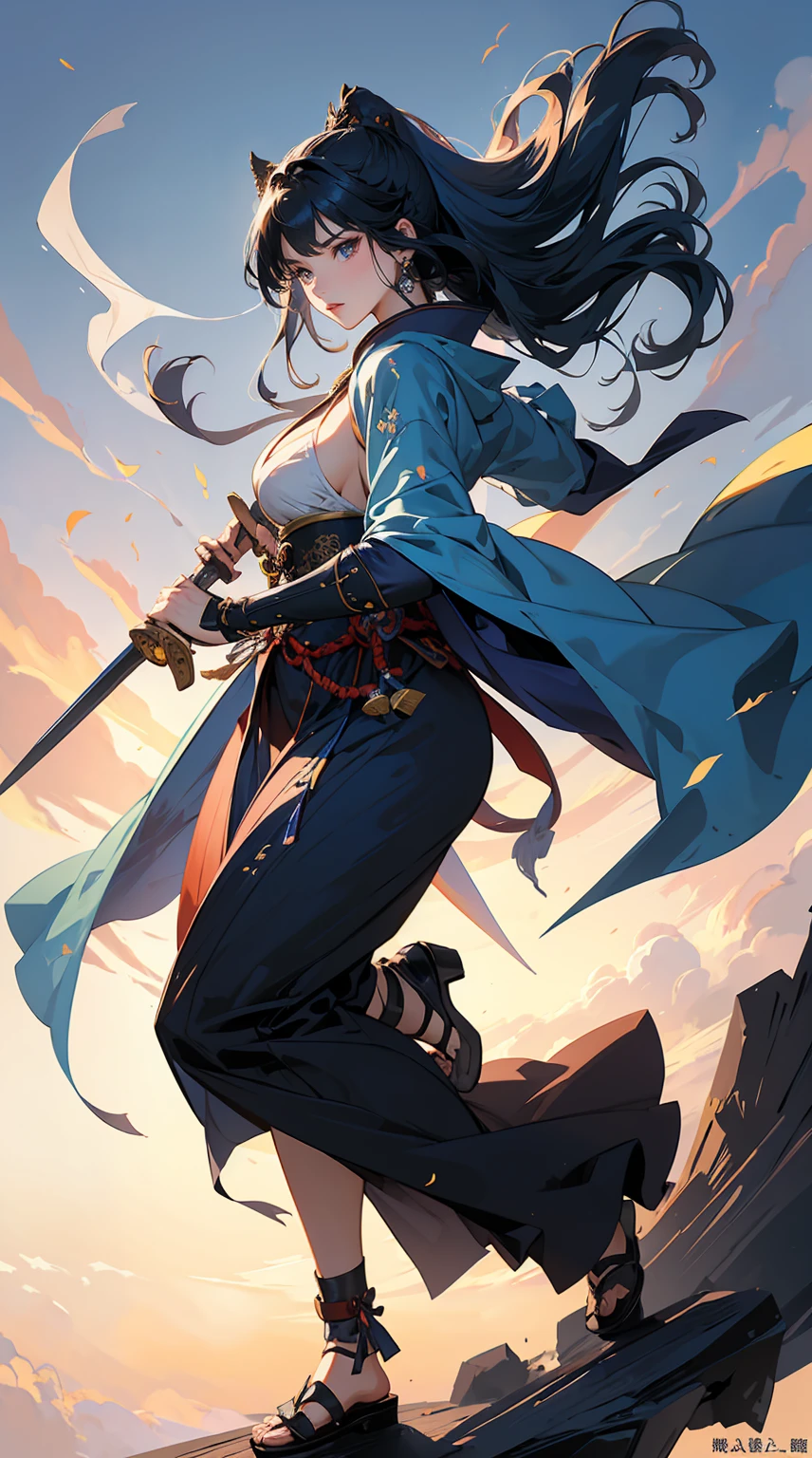Highest quality、masterpiece、8K、Realistic、超High resolution、Very delicate and beautiful、High resolution、Fantasy、Muscle Girl、Perfect female body、Neutral women、Blue Hair、Toned body、Cape、kimono、Wild Pose、Full body emphasis、Simple Background、Angry、samurai、Iai