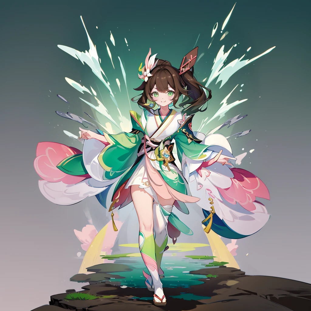 ((Genshin impact style)) (masterpiece), (high quality), 1 girl, , female and curvy body, white skin, freckles, ((long, and wavy DARK-BROWN HAIR)), ((green and bright eyes)), she has a cheerful, kind and sweet expression, pink lips with a big smile, designs from East Asian, Game character costume design, Japanese clothing style with a green and light pink color palette, Japanese hair accessories, ((White background, Cute, bright and colorful pink details)), ((full body standing panting)), intricate details, lens flare,ultra high resolution,sharp focus,HD,8k,clear facial features,clear details,beautiful eyes,beautiful face