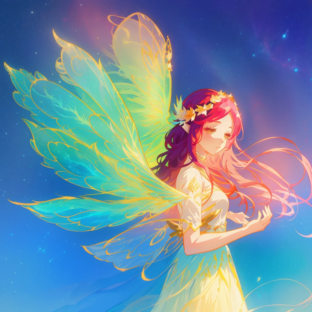 beautiful girl in flowing ballgown dress, (glowing fairy wings), glowing flowing ballgown, long wavy hair, sparkling fairy wings, watercolor illustration, flowers and colorful plants, inspired by Glen Keane, inspired by Lois van Baarle, disney art style, by Lois van Baarle, glowing aura around her, by Glen Keane, jen bartel, glowing lights! digital painting, flowing glowing hair, glowing flowing hair, beautiful digital illustration, fantasia otherworldly landscape plants flowers, beautiful, masterpiece, best quality, anime disney style pinkhair 