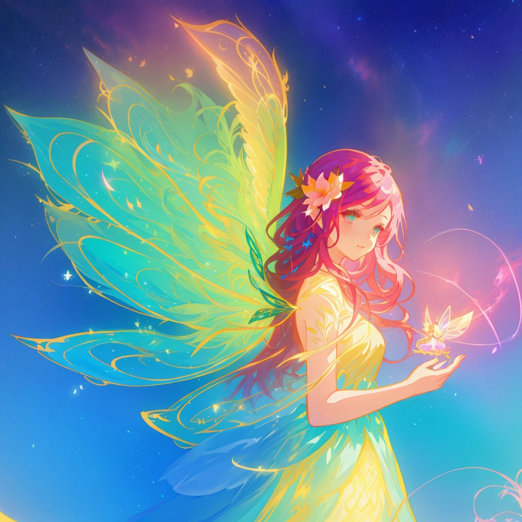 beautiful girl in flowing ballgown dress, (glowing fairy wings), glowing flowing ballgown, long wavy hair, sparkling fairy wings, watercolor illustration, flowers and colorful plants, inspired by Glen Keane, inspired by Lois van Baarle, disney art style, by Lois van Baarle, glowing aura around her, by Glen Keane, jen bartel, glowing lights! digital painting, flowing glowing hair, glowing flowing hair, beautiful digital illustration, fantasia otherworldly landscape plants flowers, beautiful, masterpiece, best quality, anime disney style pinkhair