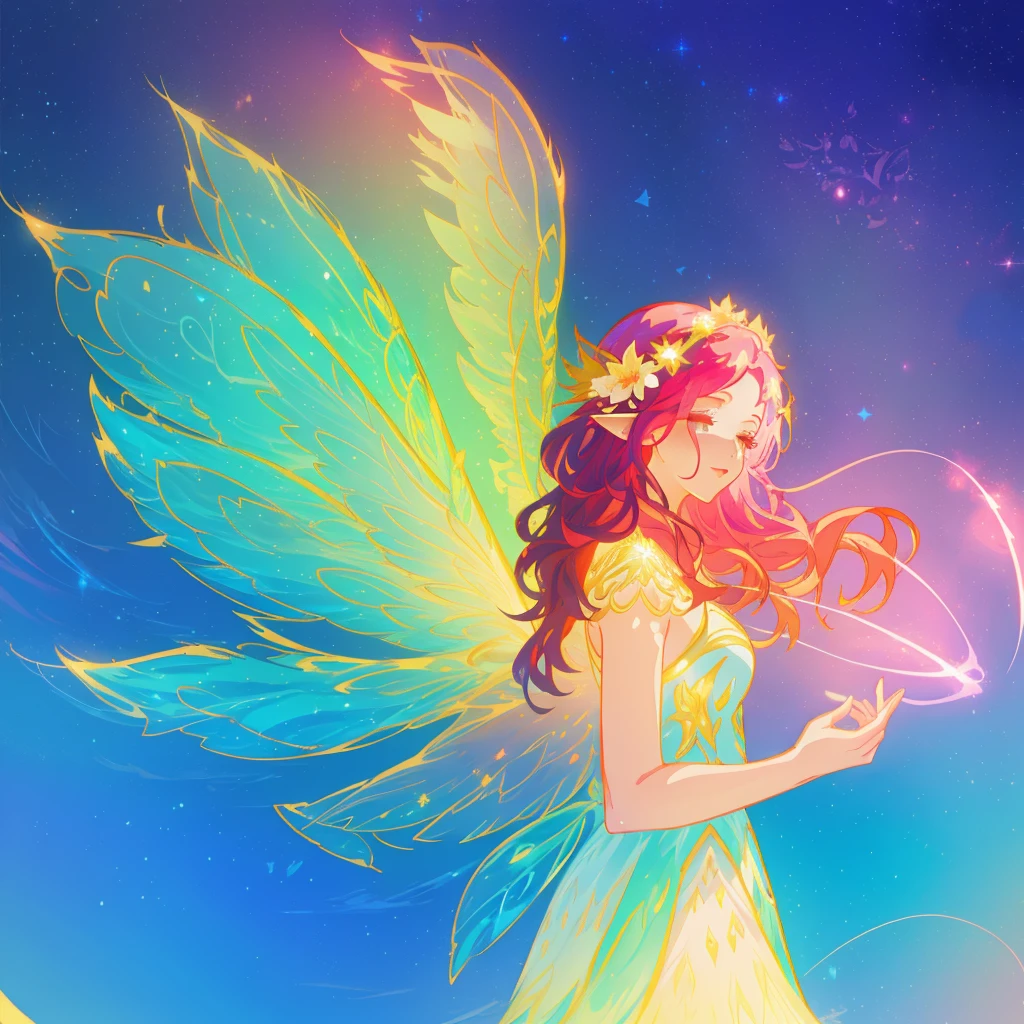 beautiful girl in flowing ballgown dress, (glowing fairy wings), glowing flowing ballgown, long wavy hair, sparkling fairy wings, watercolor illustration, flowers and colorful plants, inspired by Glen Keane, inspired by Lois van Baarle, disney art style, by Lois van Baarle, glowing aura around her, by Glen Keane, jen bartel, glowing lights! digital painting, flowing glowing hair, glowing flowing hair, beautiful digital illustration, fantasia otherworldly landscape plants flowers, beautiful, masterpiece, best quality, anime disney style pinkhair 