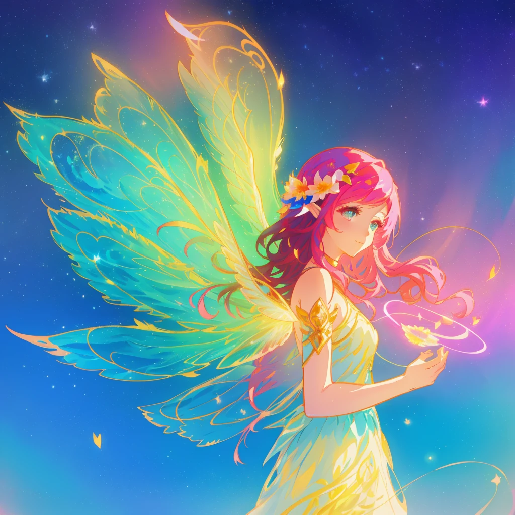 beautiful girl in flowing ballgown dress, (glowing fairy wings), glowing flowing ballgown, long wavy hair, sparkling fairy wings, watercolor illustration, flowers and colorful plants, inspired by Glen Keane, inspired by Lois van Baarle, disney art style, by Lois van Baarle, glowing aura around her, by Glen Keane, jen bartel, glowing lights! digital painting, flowing glowing hair, glowing flowing hair, beautiful digital illustration, fantasia otherworldly landscape plants flowers, beautiful, masterpiece, best quality, anime disney style pinkhair 