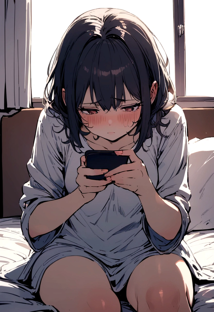 Girl sitting on the bed while using her cell phone with an exhausted face