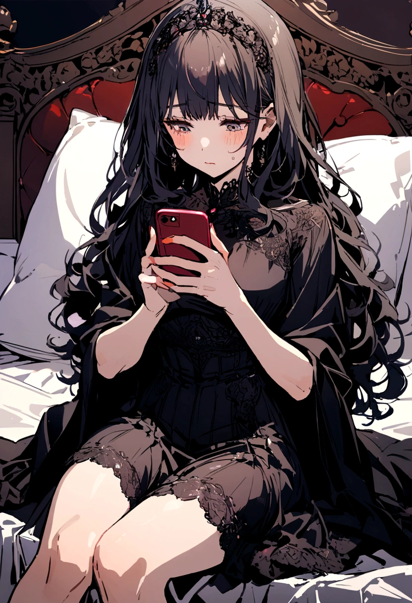 Girl sitting on the bed while using her cell phone with an exhausted face