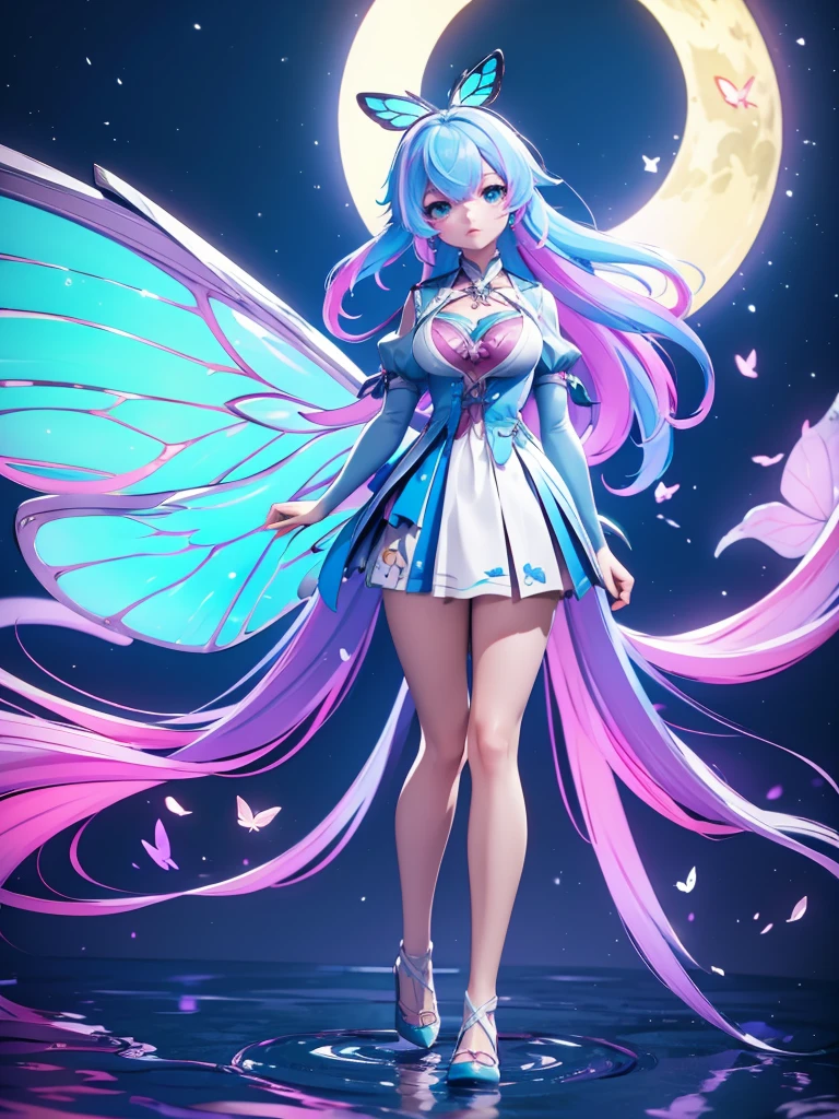 Seizo Watase style, Simple Line Initialism,Abstract art, 3d character, colorful hearts ,(((The most beautiful girl of all time))), (full body 1.2), only girl, long hair, bufferfly and sky background, 20 year old, full body, (((8k))), (((3d)), blue and pink hair, Large butterfly wings on the back, moon