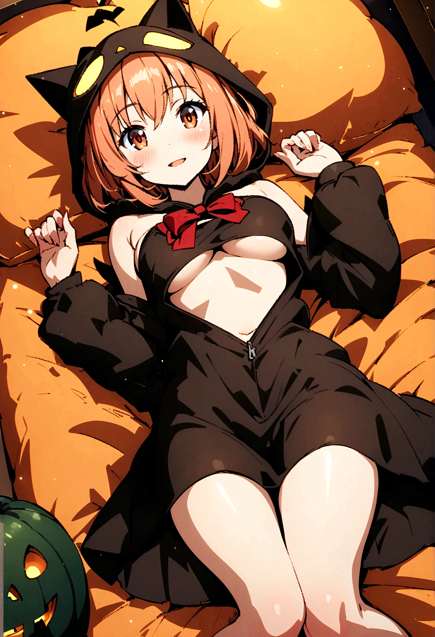 DBCOS, BeastCostume, 1girl, solo, on back, looking at viewer, blush, pillow, lying, bed sheet, on bed, jack-o'-lantern, parted lips, red bow, pumpkin, from above, knees together feet apart, smile, underboob, open mouth