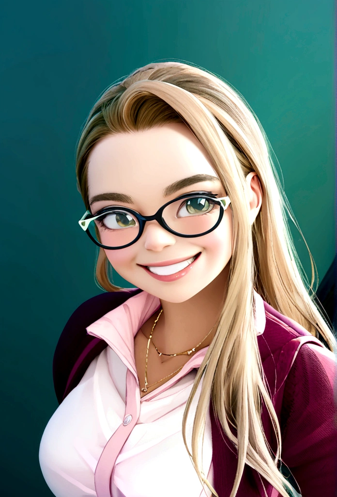 Imagem estilo pixar com personagem 3D óculos brancos de grau, woman long hair, blond, smooth dancing, Disney makeup,fisherman, cute, smiling ,close up, pixar, Disney, cinema lighting,