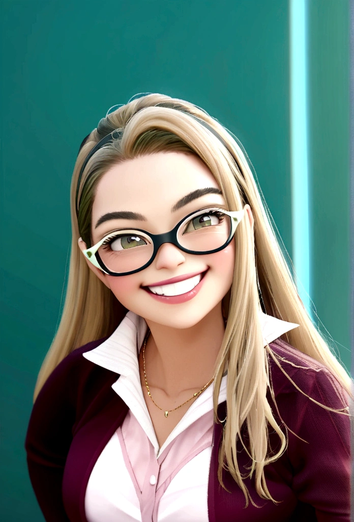 Imagem estilo pixar com personagem 3D óculos brancos de grau, woman long hair, blond, smooth dancing, Disney makeup,fisherman, cute, smiling ,close up, pixar, Disney, cinema lighting,