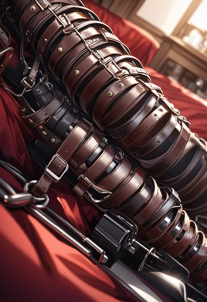 detailed illustration, dynamic angle, ultra-detailed, illustration, leather bdsm gear, leather bondage cuffs, red satin bed