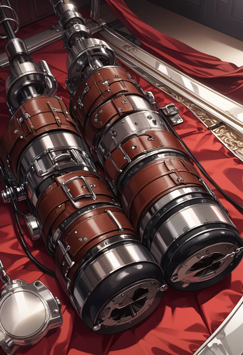 detailed illustration, dynamic angle, ultra-detailed, illustration, leather bdsm gear, leather bondage cuffs, red satin bed