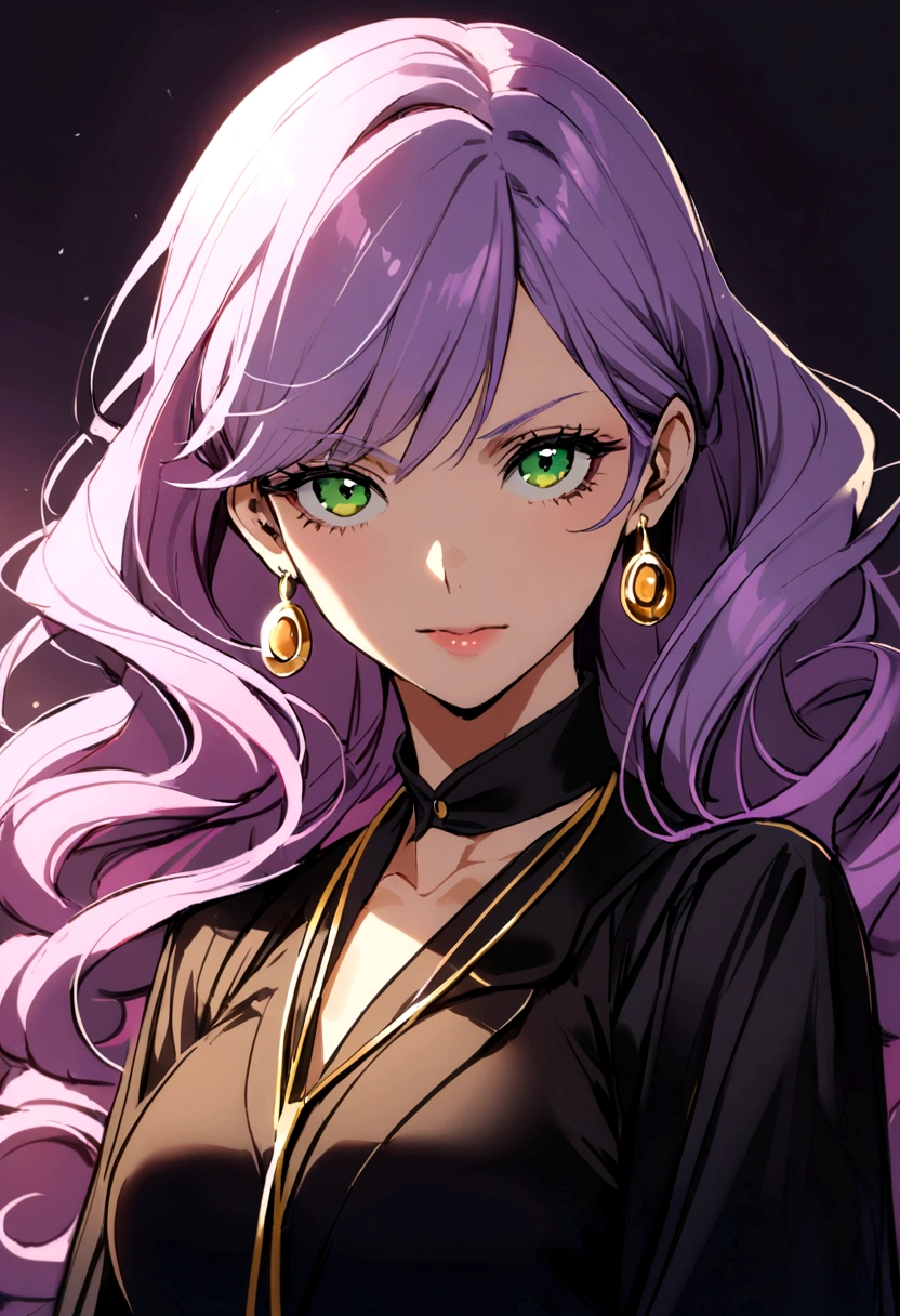 40 year old woman with purple pink hair, long curly hair, green eyes, gold earrings, black dress, black ribbon around neck.