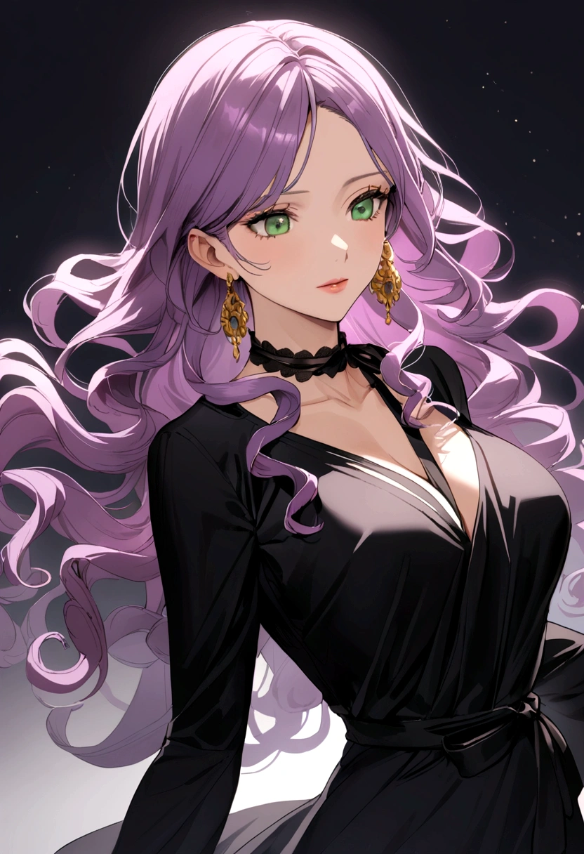 40 year old woman with purple pink hair, long curly hair, green eyes, gold earrings, black dress, black ribbon around neck.