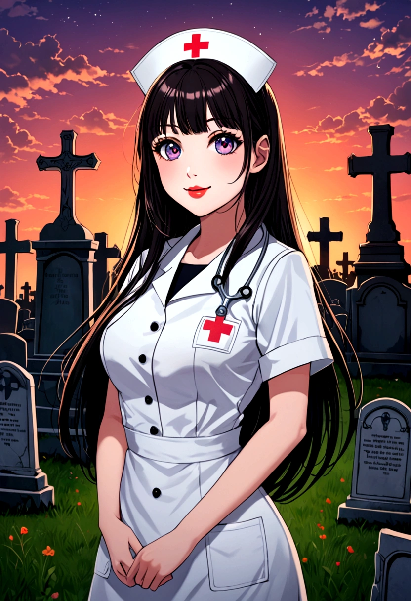 Picture of a 24 girl, nurse, ultra beautiful, round eyes, heart-shape face, heart-shape lips, straight long hair.  Standing in front of large graveyard, invite smile, twilight time.