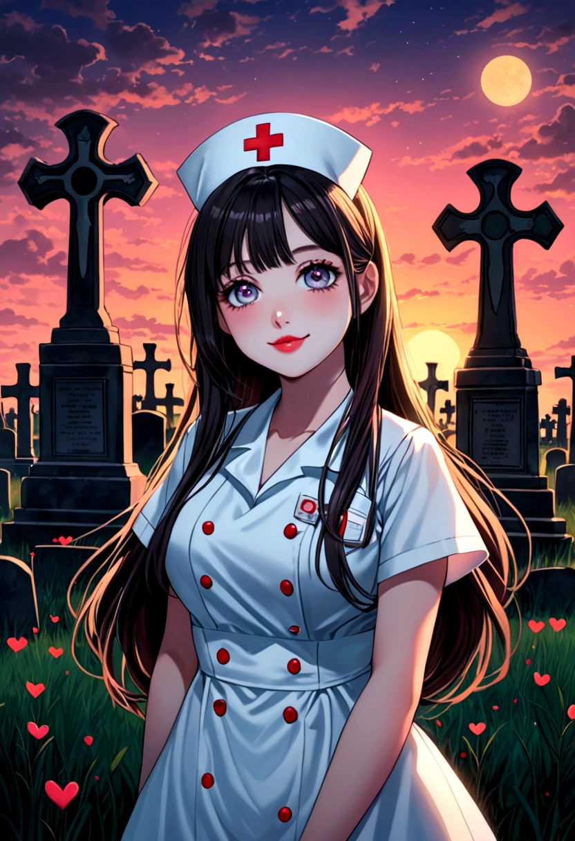 Picture of a 24 girl, nurse, ultra beautiful, round eyes, heart-shape face, heart-shape lips, straight long hair. Standing in front of large graveyard, invite smile, twilight time.