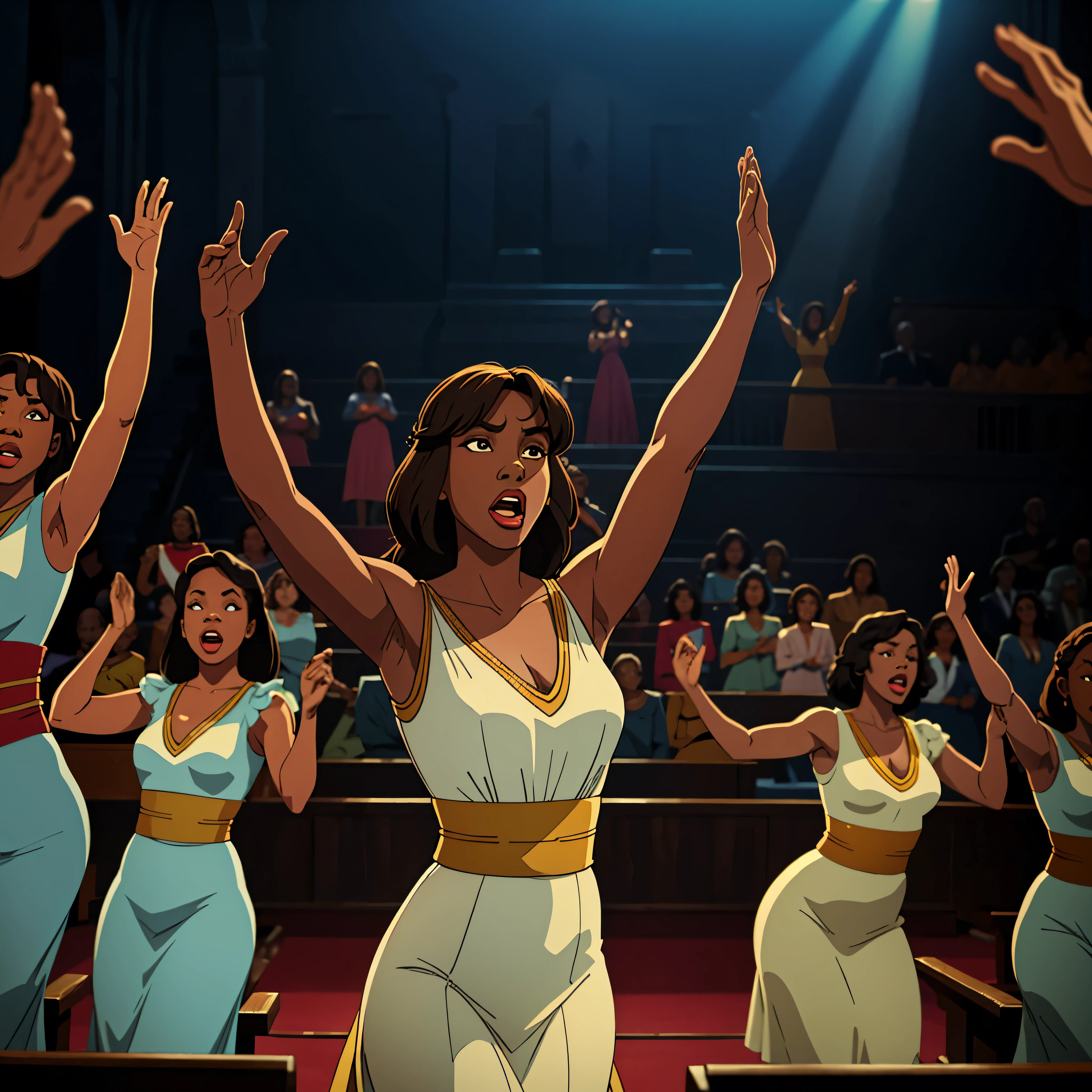 1970s, gospel choir singing and dancing, cinematic action, atmospheric perspective, depth of field, textured skin, super detail,